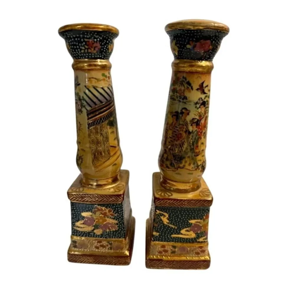 Royal Satsuma Pair Of Candlesticks Circa 1900s 9 1/2